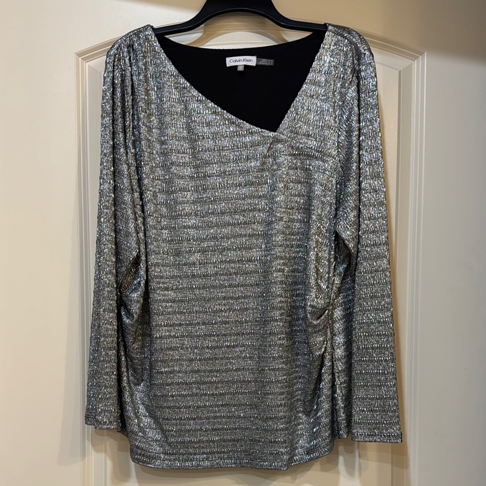 Calvin Klein Silver Sequin Long Sleeve Blouse